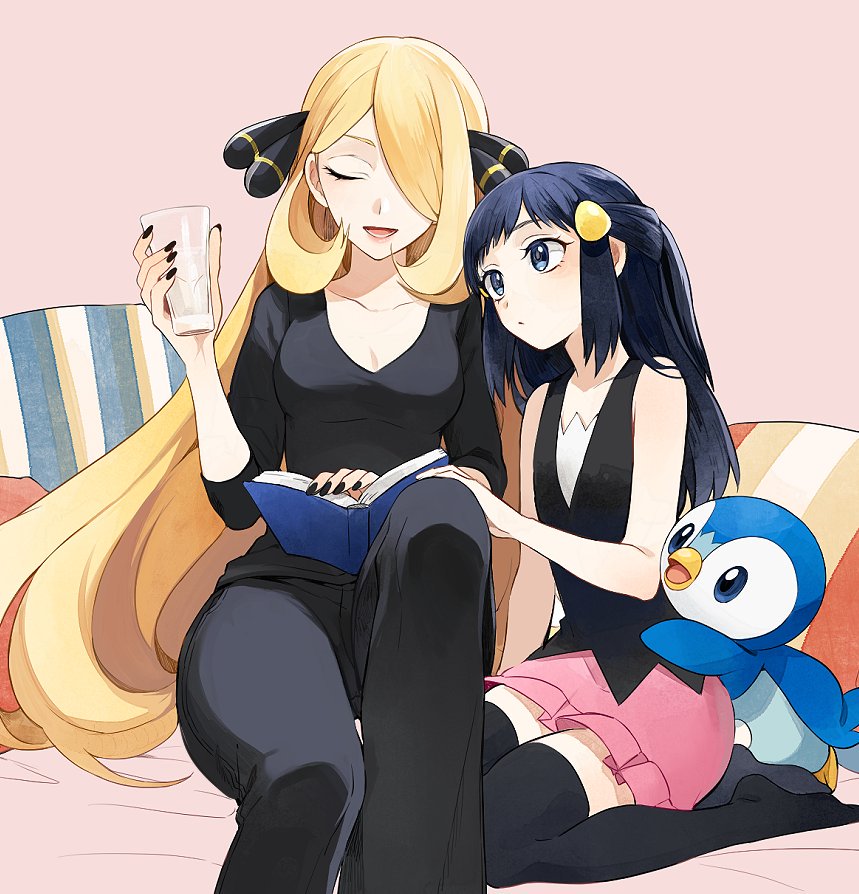 2girls, bad_id, bad_pixiv_id, beak, black_legwear, black_nails, blonde_hair, book