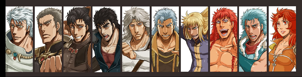 1girl, 6+boys, :d, black_hair, blonde_hair, blue_hair, coat, collarbone, column_lineup, hokuto_no_ken, juda, juza, kenshiro, looking_at_viewer, male_focus, mamiya_(hokuto_no_ken), multiple_boys, muscular, open_mouth, raoh, raoh_(hokuto_no_ken), red_hair, ryuga_(hokuto_no_ken), sabroh, saburo, shew, shin_(hokuto_no_ken), shu_(hokuto_no_ken), silver_hair, simple_background, smile, toki_(hokuto_no_ken), topless_male, white_background, yuda_(hokuto_no_ken)
