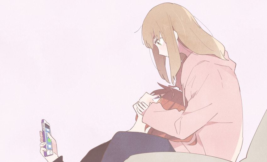 2girls, blonde_hair, blush, brown_hair, casual, cellphone, cetacea_kw, eye_contact