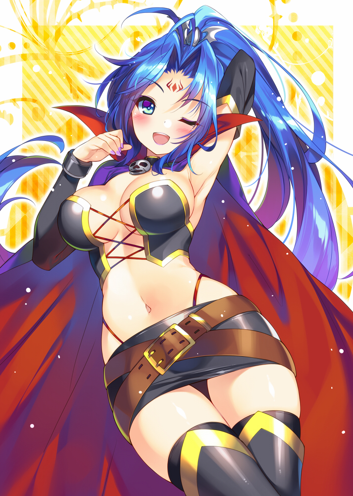 1girl, ;d, antenna_hair, arm_up, armpits, belt, black_skirt, black_thighhighs