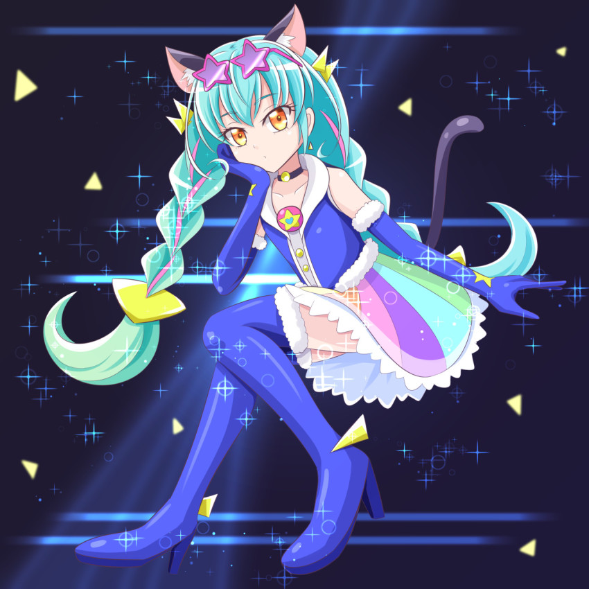 1girl, blue_hair, boots, braid, brown_eyes, cherrose, cure_cosmo, elbow_gloves