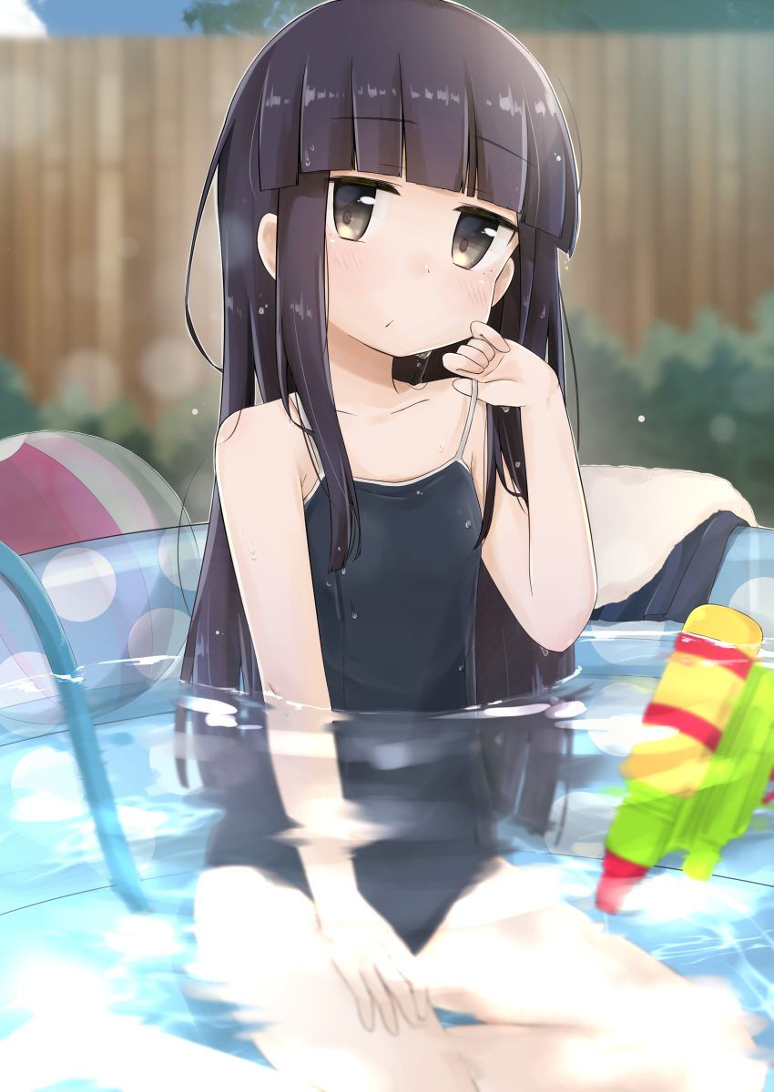 1girl, absurdres, aoshima_sakana, bare_shoulders, black_hair, blue_one-piece_swimsuit, blunt_bangs, blush, brown_eyes, child, closed_mouth, clothes_pull, collarbone, commentary_request, competition_school_swimsuit, day, female_focus, hair_between_eyes, hatsuyuki_(kancolle), highres, kantai_collection, long_hair, looking_at_viewer, one-piece_swimsuit, one-piece_swimsuit_pull, outdoors, partially_submerged, pool, school_swimsuit, sitting, solo, strap_pull, swimsuit, thighs, unworn_clothes, wading_pool, water, water_drop, water_gun, wet