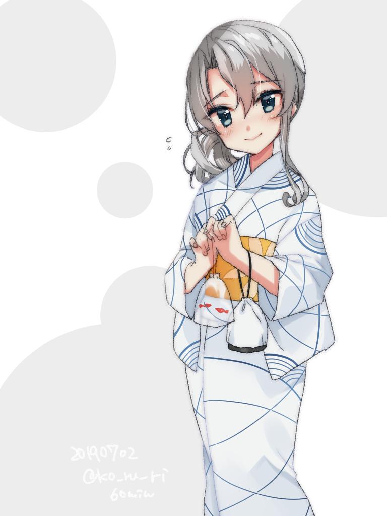 1girl, asymmetrical_hair, bag, cowboy_shot, dated, female_focus, fish, flipped_hair