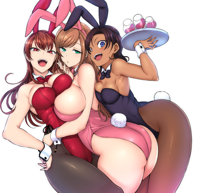 3girls, aiue_oka, alcohol, animal_ears, ass, asymmetrical_docking, bare_shoulders, black_hair, black_leotard, black_neckwear, blue_eyes, blush, bow, bowtie, breast_press, breasts, brown_hair, cleavage, cup, dark-skinned_female, dark_skin, detached_collar, drinking_glass, fake_animal_ears, green_eyes, half-closed_eyes, hinata_sae, hug, ijirare_~fukushuu_saimin~, large_breasts, leotard, long_hair, looking_at_viewer, medium_breasts, multiple_girls, nogami_izumi, open_mouth, pantyhose, pink_leotard, pink_neckwear, plate, playboy_bunny, rabbit_ears, rabbit_tail, red_eyes, red_leotard, red_neckwear, sanada_minako, short_hair, simple_background, smile, strapless, strapless_leotard, tail, tray, white_background, wine, wine_glass, wrist_cuffs