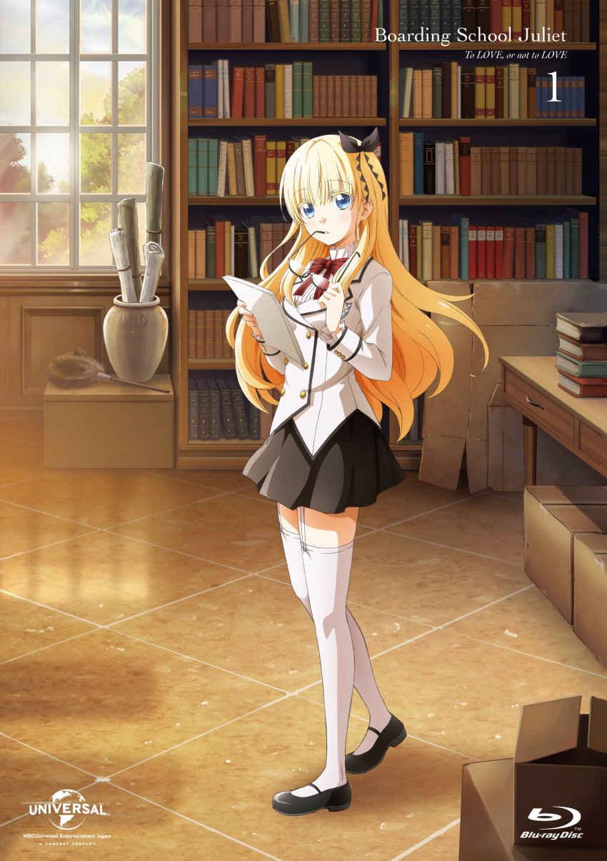 1girl, absurdres, black_bow, black_shoes, black_skirt, blonde_hair, blue_eyes, bow