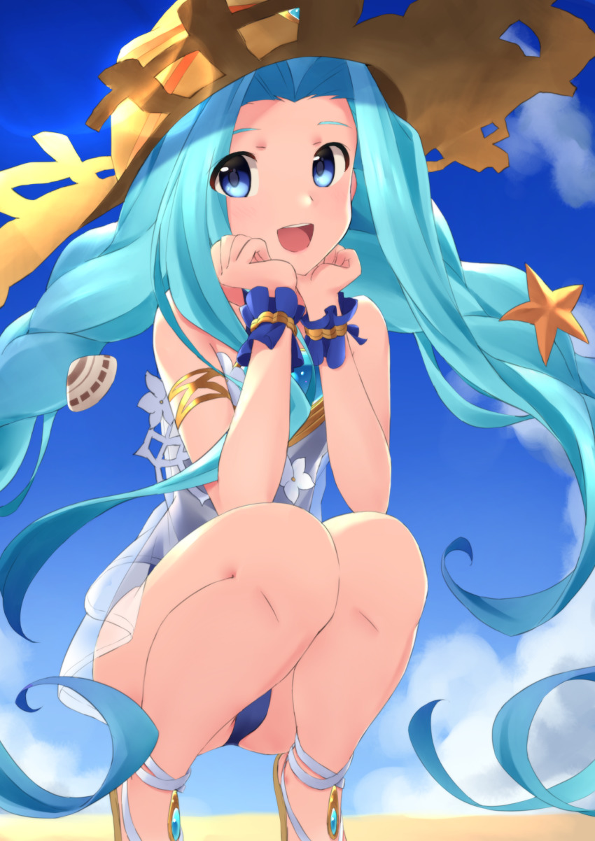 1girl, bare_shoulders, bikini, blue_hair, blue_sky, braid, commentary_request, day, dress, eyes_visible_through_hair, female_focus, granblue_fantasy, hair_ornament, hat, highres, hiyaya_(kochi_michikaze), long_hair, looking_at_viewer, lyria_(daughter_of_pearl)_(granblue_fantasy), lyria_(granblue_fantasy), outdoors, parted_bangs, shell, shell_hair_ornament, shoes, sky, smile, solo, star_(symbol), star_hair_ornament, swimsuit, teeth, upper_teeth_only, very_long_hair, wrist_cuffs