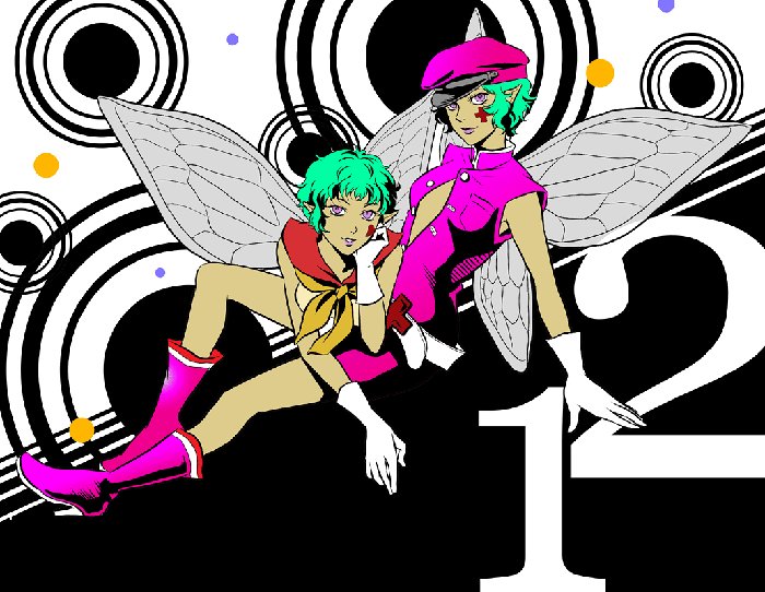 2girls, artist_request, atlus, belt, blue_hair, boots, face_paint, fairy