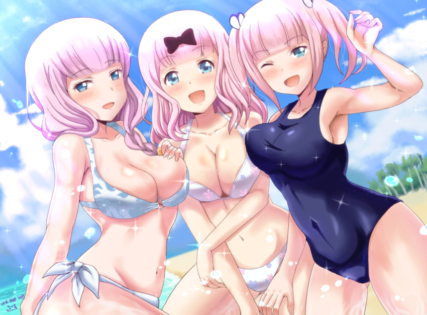 3girls, :d, ;d, armpits, asymmetrical_docking, beach, bikini, black_one-piece_swimsuit, blue_eyes, blunt_bangs, blush, bow, braid, breast_press, breasts, cleavage, covered_navel, day, dutch_angle, floral_print, fujiwara_chika, fujiwara_moeha, fujiwara_toyomi, hair_bow, hair_over_shoulder, kaguya-sama_wa_kokurasetai_~tensai-tachi_no_renai_zunousen~, large_breasts, long_hair, looking_at_viewer, multiple_girls, navel, o-ring, o-ring_top, one-piece_swimsuit, one_eye_closed, open_mouth, outdoors, pink_hair, samenoido, siblings, side-tie_bikini_bottom, sisters, smile, sparkle, splashing, swimsuit, twintails, water, white_bikini