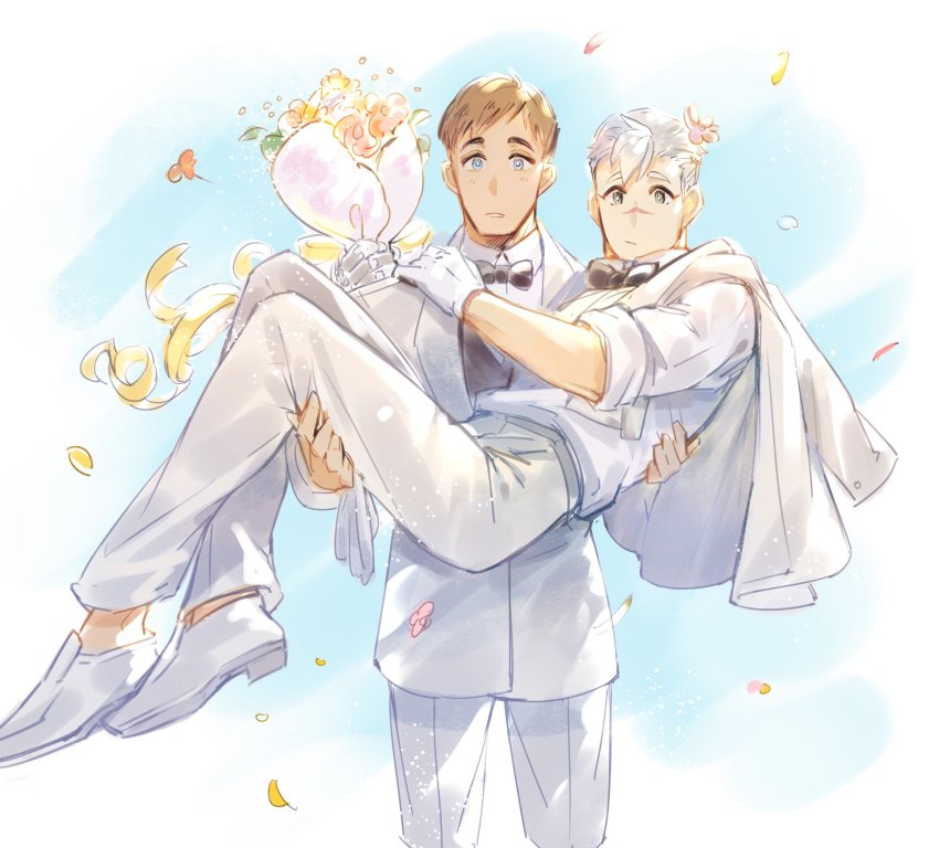 2boys, absurdres, blue_eyes, bomssp, bouquet, bow, bowtie, brown_hair, carrying, couple, curtis_(voltron), flower, formal_clothes, gloves, grey_eyes, hair_flower, hair_ornament, highres, husband_and_husband, looking_at_viewer, male_focus, multiple_boys, princess_carry, scar, suit, takashi_shirogane, voltron:_legendary_defender, voltron_(series), white_gloves, white_hair, white_suit, yaoi