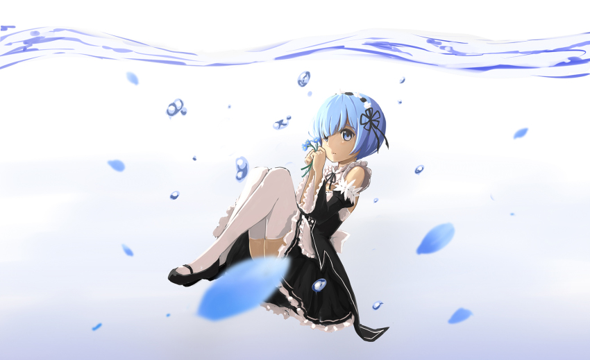 1girl, black_ribbon, black_shoes, black_skirt, black_sleeves, blue_eyes, blue_flower, blue_hair