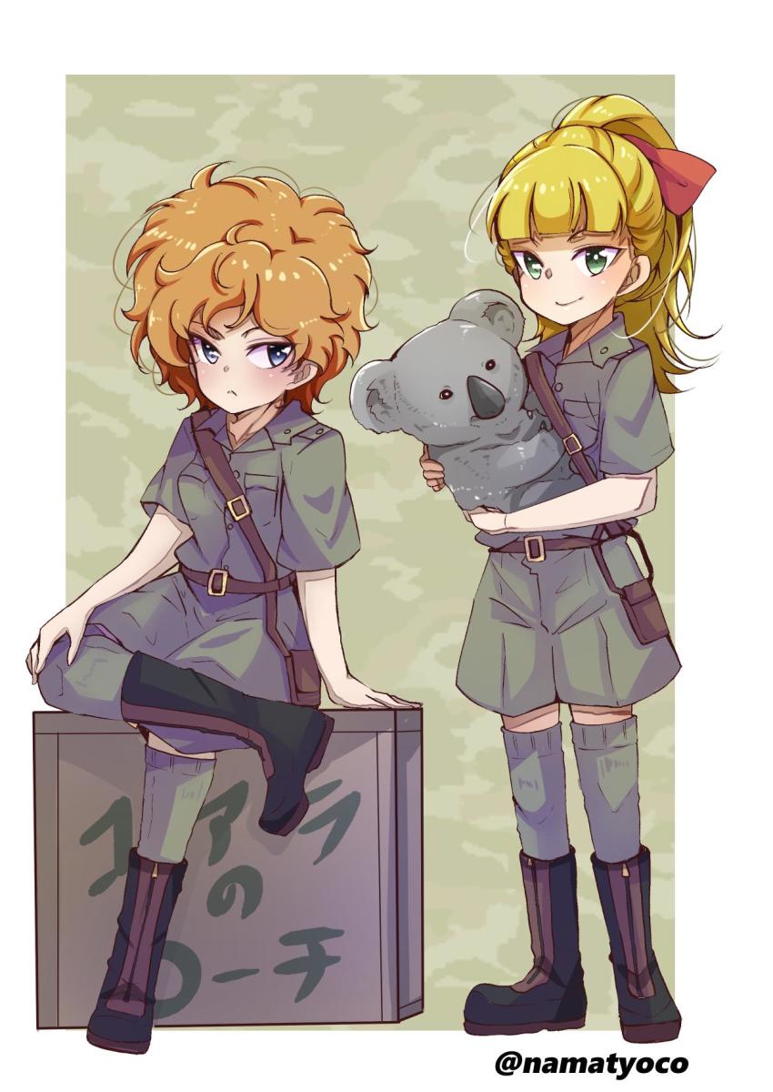 2girls, animal, animal_hug, bag, belt, blonde_hair, blue_eyes, boots