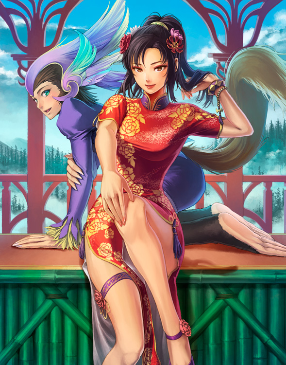 1boy, 1girl, breasts, china_dress, chinese_clothes, closed_mouth, commentary_request, dress