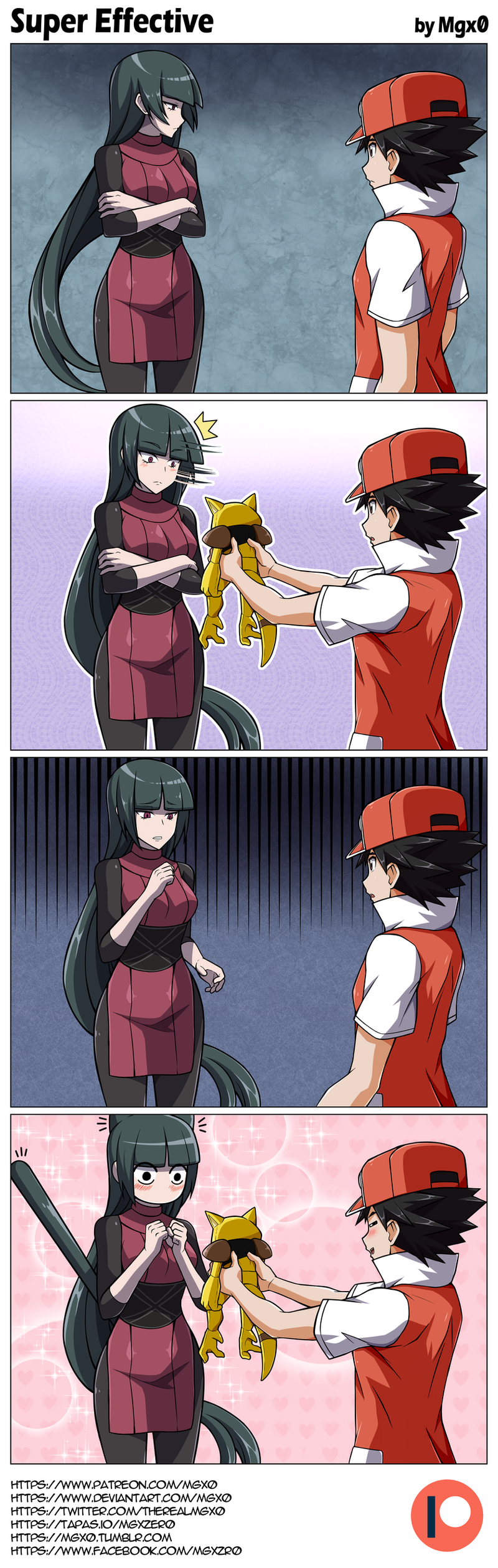 1boy, 1girl, 4koma, abra, absurdres, animal_ears, baseball_cap, black_hair