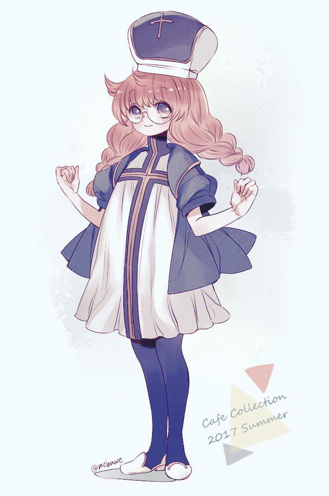 1girl, blue_eyes, blue_pantyhose, blush, boots, braid, brown_hair, cafe_artful