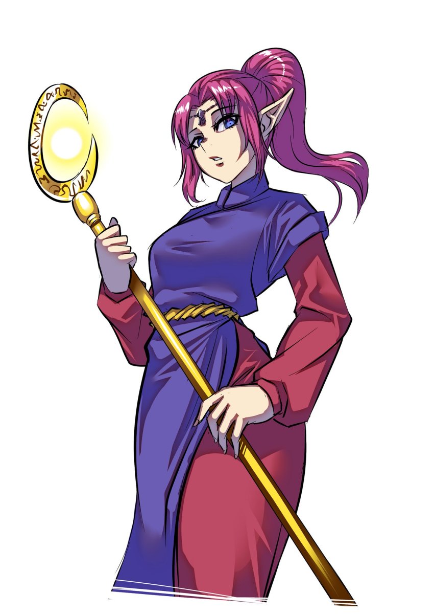 1girl, highres, magician_of_faith, pointy_ears, ponytail, red_hair, ryuusei_(mark_ii), staff, yu-gi-oh!