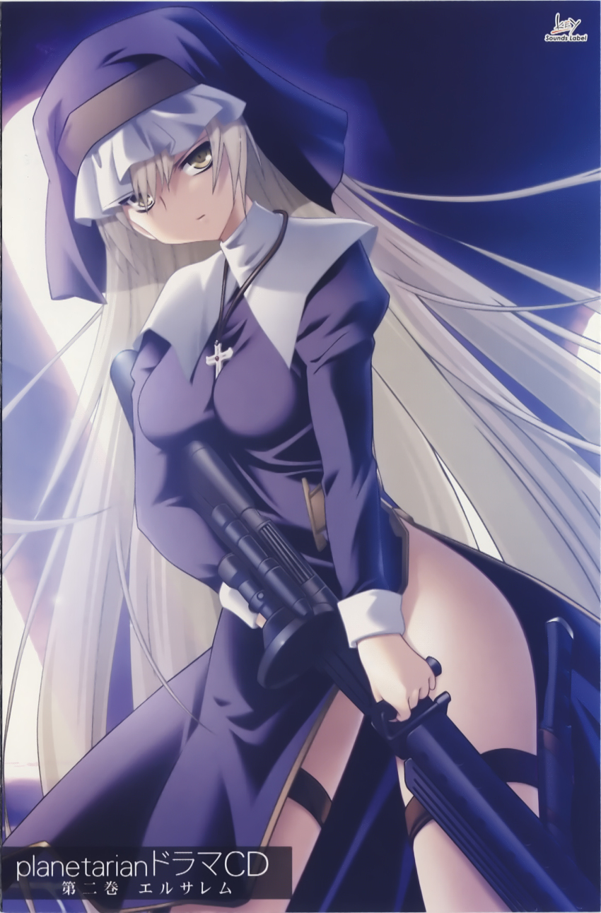 00s, 1girl, achtneun, between_breasts, blonde_hair, breasts, cross, female_focus, gun, highres, komatsu_eiji, long_hair, no_panties, nun, nun_headdress, planetarian, robot, sniper, solo, weapon