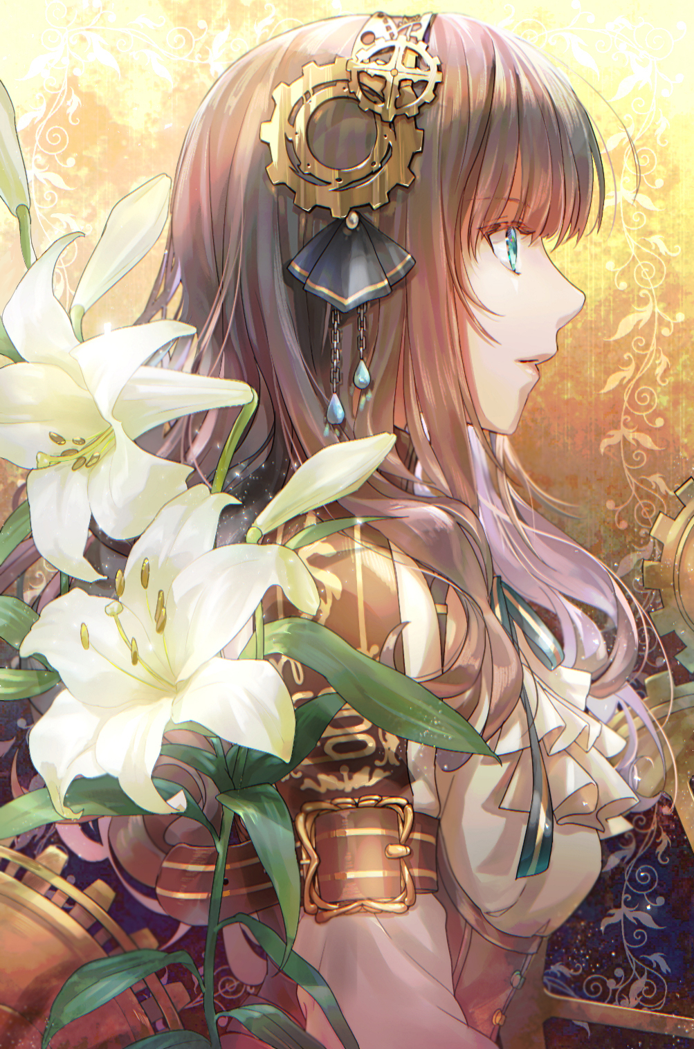1girl, aqua_eyes, arm_belt, ascot, brown_hair, cardia_beckford, code:realize, dress, female_focus, flower, gear_hair_ornament, highres, lily_(flower), long_hair, looking_to_the_side, neoromansu5, profile, ribbon, solo, upper_body, white_ascot, yellow_background