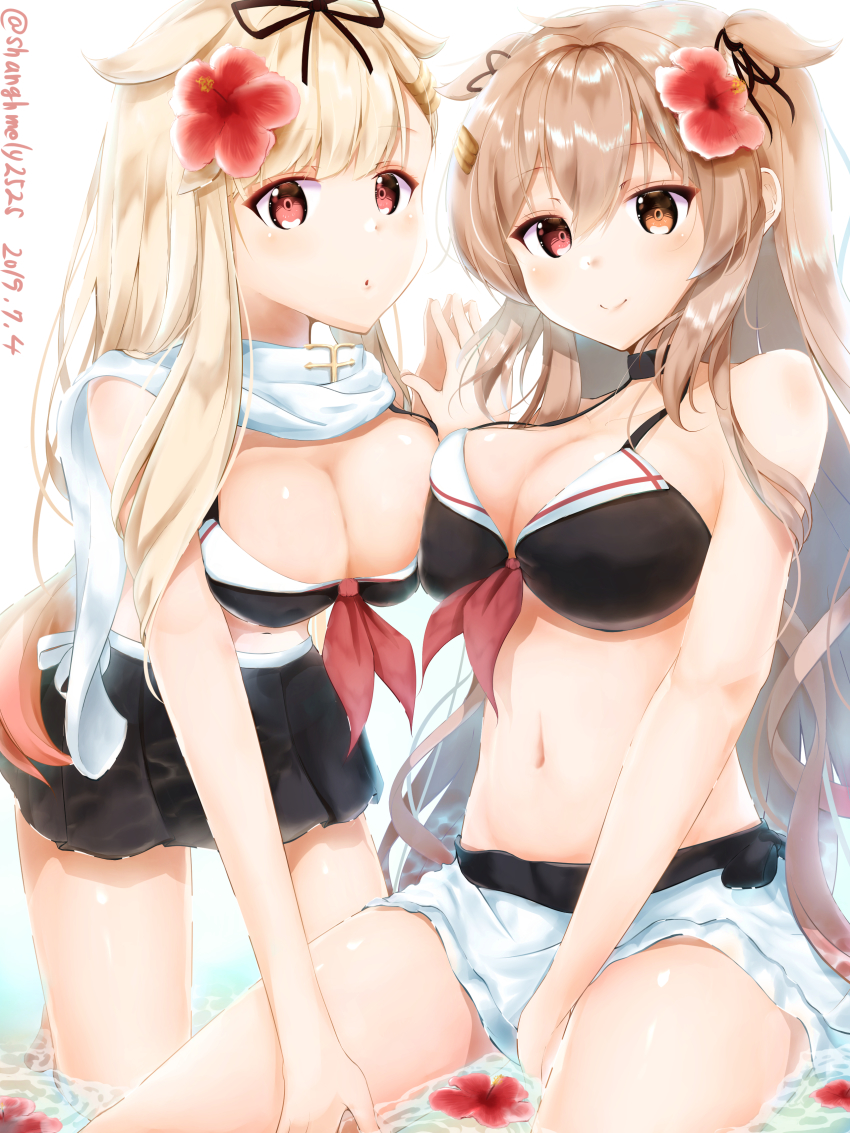2girls, absurdres, artist_name, between_legs, bikini, bikini_bottom_only, bikini_skirt, black_bikini
