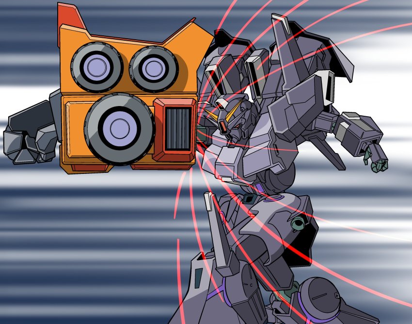 absurdres, commentary_request, company_connection, gattai, giant_hand, goldymarg, gradient_background, grey_background, gundam, gundam_narrative, highres, mecha, nahoyan, no_humans, red_eyes, robot, silver_bullet_suppressor, striped_background, sunrise_(company), white_background, you're_doing_it_wrong, yuusha_ou_gaogaigar, yuusha_series