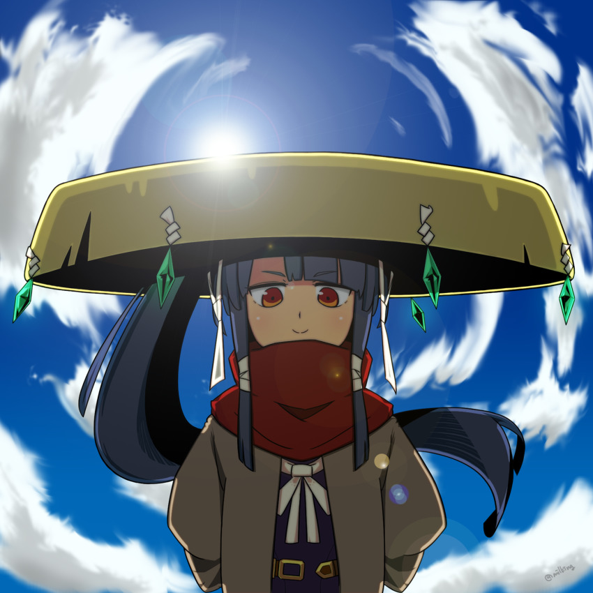 1girl, backlighting, black_hair, blue_sky, blunt_bangs, blush, closed_mouth, cloud