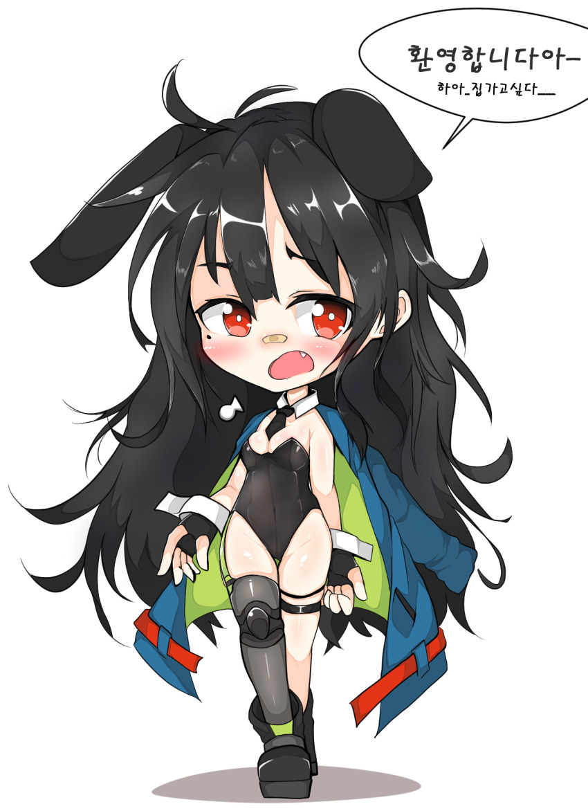 bandages, between_breasts, black_gloves, black_hair, breasts, c-ms_(girls'_frontline), chibi, colorized, fingerless_gloves, girls'_frontline, gloves, hair_ornament, highres, jacket, jacket_on_shoulders, kolp1997, korean_commentary, korean_text, long_hair, necktie, necktie_between_breasts, open_mouth, playboy_bunny, rabbit_girl, rabbit_hair_ornament, red_eyes, solo