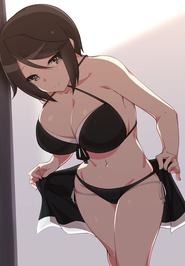 1girl, bikini, black_bikini, black_eyes, black_hair, breasts, female_focus, front-tie_bikini_top, front-tie_top, gj-bu, hair_between_eyes, kuro_mushi, large_breasts, layered_bikini, leaning_forward, looking_at_viewer, mori_(gj-bu), navel, sarong, seductive_smile, short_hair, side-tie_bikini_bottom, smile, solo, string_bikini, swept_bangs, swimsuit