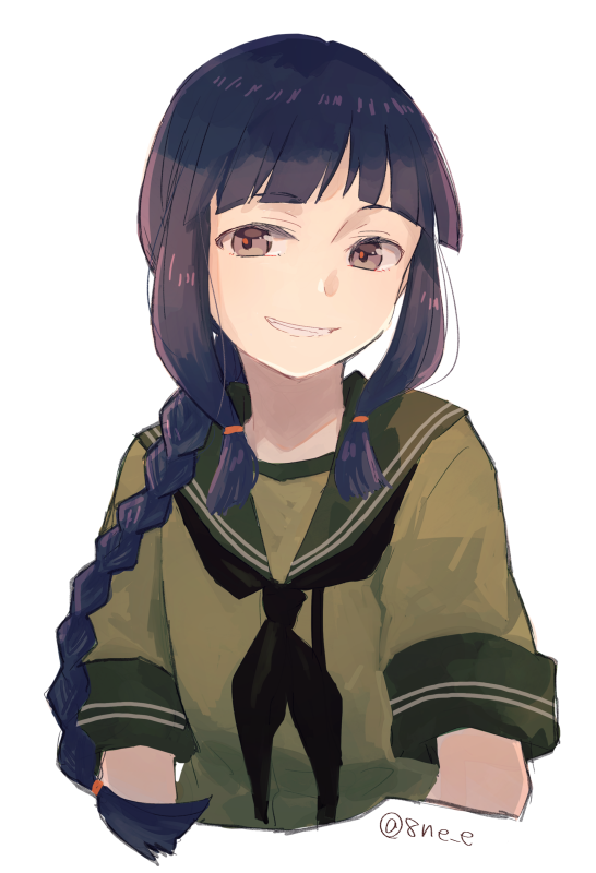 1girl, 8ne_(nitika127), black_hair, black_neckerchief, blunt_bangs, braid, brown_eyes, female_focus, green_sailor_collar, green_serafuku, grin, hair_over_shoulder, hair_ribbon, kantai_collection, kitakami_(kancolle), long_hair, neckerchief, ribbon, sailor_collar, school_uniform, serafuku, short_sleeves, sidelocks, simple_background, single_braid, smile, solo, tress_ribbon, twitter_username, upper_body, white_background