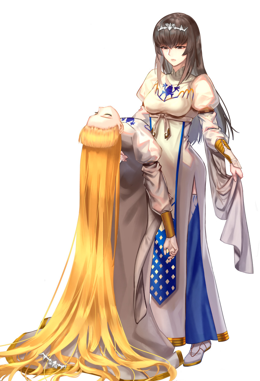 2girls, absurdres, aken, black_eyes, black_hair, blonde_hair, breasts, calca_bessarez, closed_eyes, commentary_request, dress, hair_between_eyes, hair_ornament, hands_on_another's_back, highres, long_hair, looking_at_another, medium_breasts, multiple_girls, narberal_gamma, overlord_(maruyama), simple_background, standing, very_long_hair