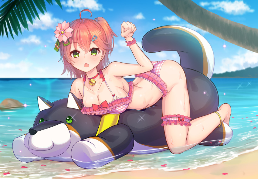1girl, ahoge, alternate_costume, anklet, arched_back, arm_up, bare_shoulders, barefoot, bell, bikini, blue_sky, blurry, blurry_background, blush, bow, breasts, brown_hair, chestnut_mouth, choker, cleavage, cloud, cloudy_sky, collarbone, commentary_request, day, depth_of_field, dog, fang, female_focus, flower, frilled_bikini, frills, green_eyes, hair_between_eyes, hair_flower, hair_ornament, hairclip, highres, hololive, horizon, inflatable_toy, jewelry, jingle_bell, kuroi_shiba, large_breasts, neck_bell, nijisanji, ocean, one_side_up, open_mouth, outdoors, palm_tree, paw_pose, petals, pink_flower, plaid_bikini, plaid_clothes, red_bow, red_choker, sakura_miko, sakura_miko_(hololive_summer_2019), sky, solo, swimsuit, tree, triangle_mouth, virtual_youtuber, water, wrist_cuffs, yoshiheihe