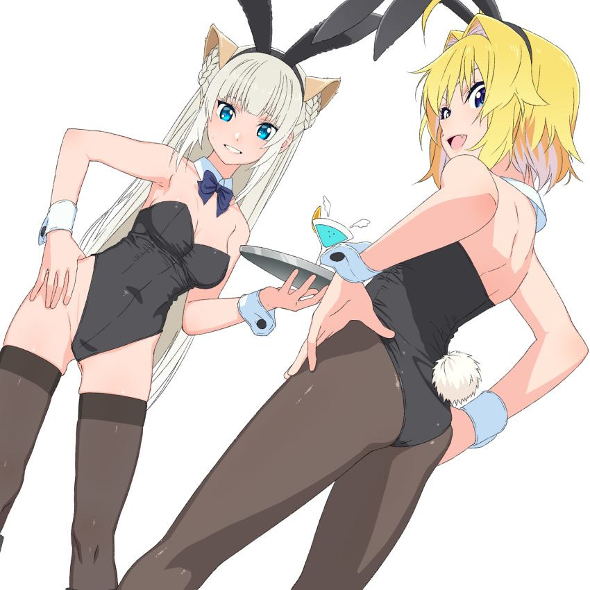 2girls, ahoge, animal_ears, ass, atelier_fraulein, back, bare_shoulders, black_leotard, blonde_hair, blue_eyes, blue_neckwear, boko_(maniacpurple), bow, bowtie, braid, breasts, cat_ears, cleavage, cocktail, cocktail_glass, cup, detached_collar, detached_wings, drinking_glass, fake_animal_ears, fang, from_behind, hair_intakes, hairband, hand_on_own_hip, hands_on_own_hips, highres, holding, holding_tray, leotard, long_hair, looking_at_viewer, looking_back, medium_breasts, multiple_girls, open_mouth, pantyhose, playboy_bunny, rabbit_ears, rabbit_tail, shidou_lio, short_hair, simple_background, skindentation, smile, standing, strapless, strapless_leotard, sweatdrop, tail, tetra_(vtuber), thighhighs, tray, twin_braids, virtual_youtuber, white_background, wings, wrist_cuffs