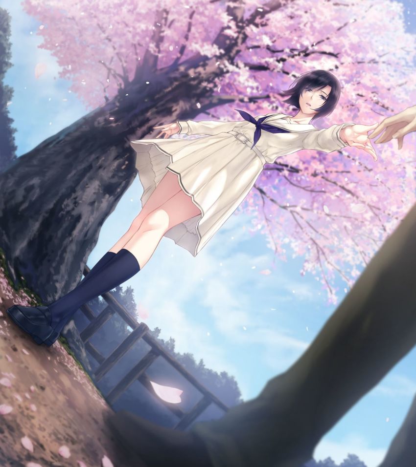 1girl, angled_view, beige_dress, beige_uniform, belt, black_eyes, black_hair, blue_sky, bob_cut, cherry_blossoms, dress, falling_petals, highres, innocent_grey, kara_no_shoujo, kneehighs, long_sleeves, parted_lips, petals, pleated_skirt, reaching, reaching_towards_viewer, ribbon, sakura_tree, school_uniform, short_hair, skirt, sky, socks, standing, sugina_miki, tokisaka_yukari, tree, white_dress, white_uniform