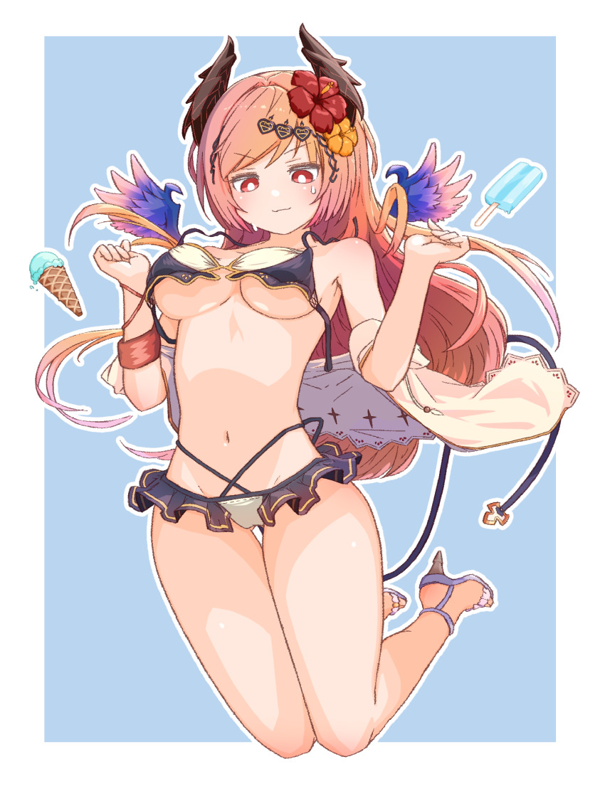 1girl, :3, ankle_strap, bare_arms, bare_legs, bare_shoulders, bikini, blue_background, blush, border, breasts, bright_pupils, closed_mouth, commentary_request, dark_angel_olivia, drawstring, female_focus, flower, full_body, granblue_fantasy, hair_flower, hair_ornament, hair_spread_out, hibiscus, high_heel_sandals, high_heels, highres, ice_cream_cone, jitome, legs, legs_together, legs_up, light_blush, long_hair, lowleg, lowleg_bikini, medium_breasts, mibushido_(milking), multi-strapped_bikini, navel, no_nose, off_shoulder, olivia_(summer)_(granblue_fantasy), outline, outside_border, pink_hair, sandals, sketch, solo, stomach, strappy_heels, swimsuit, thigh_gap, v-shaped_eyebrows, w_arms, wardrobe_malfunction, white_border, white_outline, white_pupils