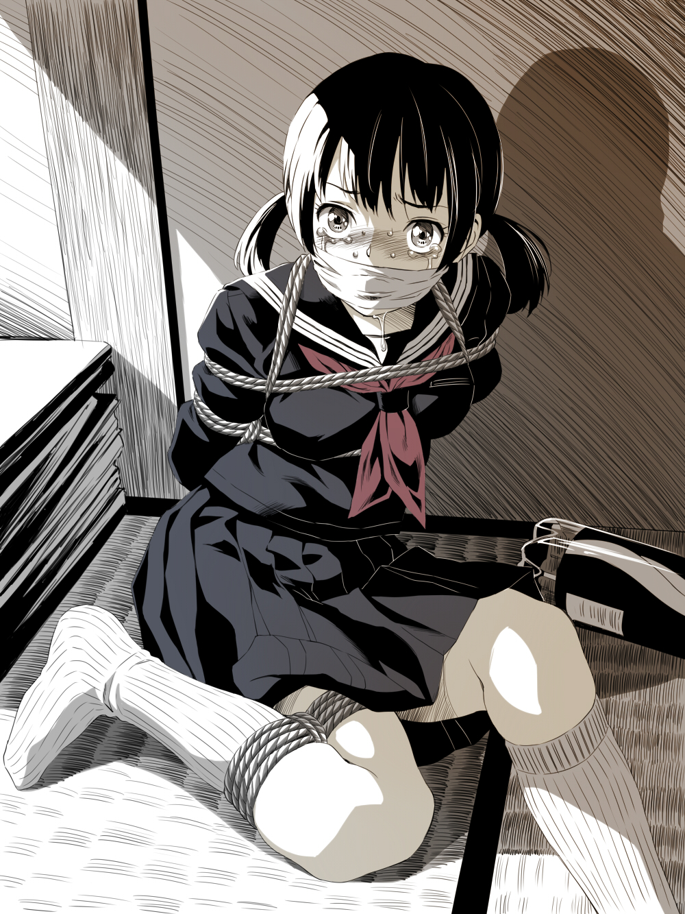 1girl, arms_behind_back, bdsm, black_hair, blush, bondage, bottle, bound, bound_arms, bound_legs, breasts, cloth_gag, crying, crying_with_eyes_open, female_focus, full_body, gag, gagged, highres, improvised_gag, indoors, kneehighs, low_twintails, medium_breasts, neckerchief, on_floor, original, pizza_man, pleated_skirt, red_neckerchief, rope, sailor_collar, saliva, school_uniform, serafuku, shibari, short_hair, sitting, skirt, socks, soda_bottle, solo, sweat, tatami, tears, twintails, white_socks