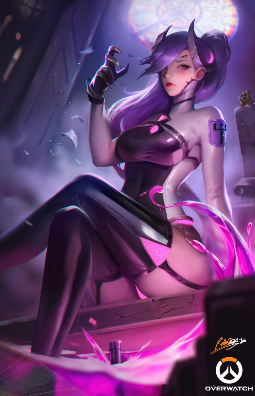 1girl, adapted_costume, alternate_costume, alternate_hairstyle, arm_at_side, armor, artist_request, backlighting, black_thighhighs, blush, bodysuit, breasts, claws, colored_eyebrows, commentary_request, copyright_name, crossed_legs, debris, demon_horns, emblem, facial_mark, faulds, forehead_mark, garter_straps, glowing, glowing_panties, hair_over_one_eye, hammond_(overwatch), hamster, highres, horns, imp_mercy, lips, lipstick, logo, long_hair, looking_at_viewer, makeup, medium_breasts, mercy_(overwatch), mole, mole_under_eye, missing_wings, nose, official_alternate_costume, overwatch, overwatch_1, panties, patch, ponytail, purple_eyes, purple_hair, purple_panties, r.keensies, red_lips, shiny_clothes, sitting, solo_focus, stained_glass, thighhighs, underwear