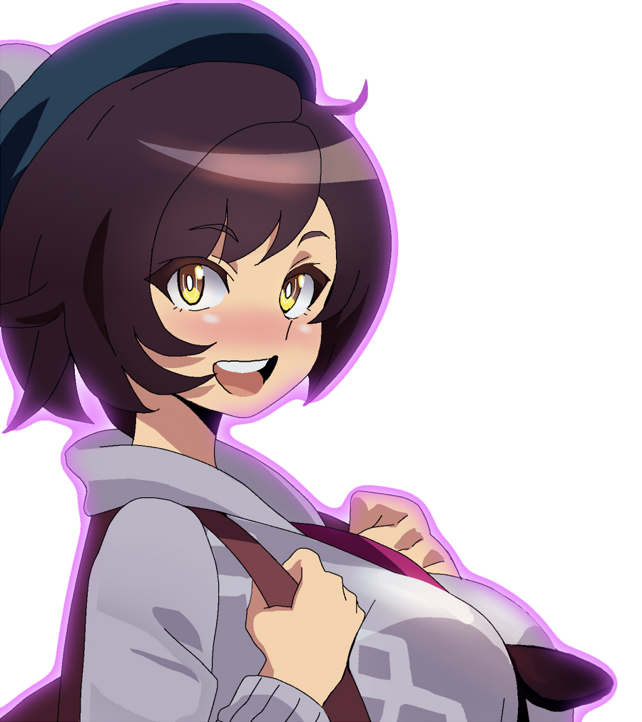 1girl, :d, ahoge, backpack, bag, blush, breast_press, breasts