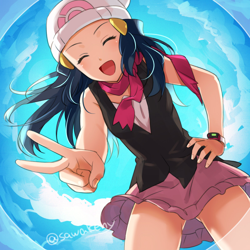 1girl, :d, bent_over, blue_hair, closed_eyes, dangerously_close_upskirt, dawn_(pokemon), female_focus, floating_hair, frilled_skirt, frills, from_below, gluteal_fold, hair_ornament, hairclip, hand_on_own_hip, hat, kanimaru, long_hair, miniskirt, nintendo, no_panties, open_mouth, pink_skirt, poke_ball_print, pokemon, pokemon_diamond/pearl/platinum, print_headwear, skirt, sleeveless, smile, solo, thighs, twitter_username, upskirt, white_hat