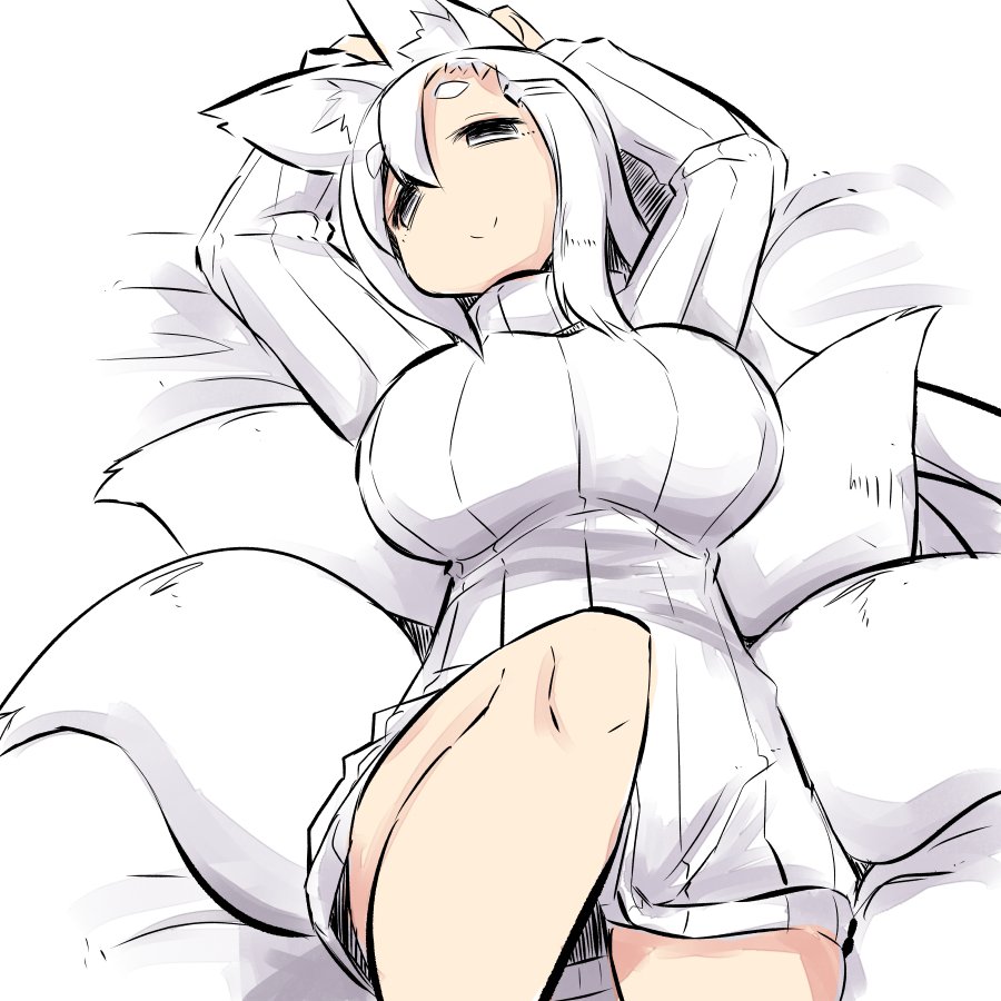 1girl, animal_ears, arms_up, bad_id, bad_pixiv_id, bed_sheet, breasts, closed_mouth
