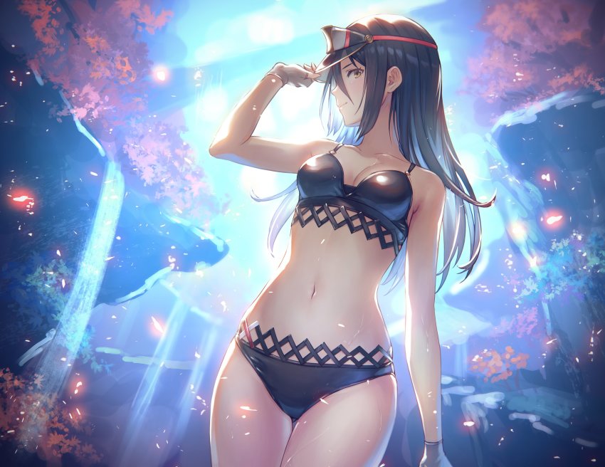 1girl, absurdres, adapted_costume, anbe_yoshirou, backlighting, bare_arms, bare_shoulders, bikini