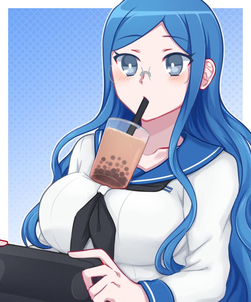 1girl, blouse, blue_eyes, blue_hair, blush, breasts, bubble_tea, bubble_tea_challenge, controller, cup, danganronpa_(series), danganronpa_v3:_killing_harmony, donutous, drink, drinking, drinking_straw, female_focus, game_console, glasses, handheld_game_console, large_breasts, long_hair, long_sleeves, looking_down, meme, object_on_breast, playing_games, playing_video_games, playstation_vita, rimless_eyewear, school_uniform, shirogane_tsumugi, shirt, simple_background, solo, upper_body, video_game, wavy_hair, white_shirt