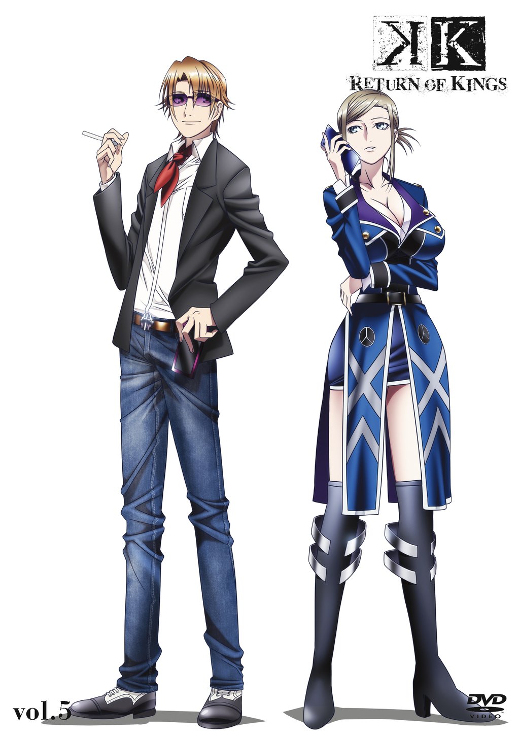 1boy, 1girl, awashima_seri, blonde_hair, blue_eyes, boots, breasts, brown_hair, cellphone, cigarette, cleavage, colored_skin, full_body, highres, k-project, kusanagi_izumo, large_breasts, mobile, official_art, phone, short_hair, suzuki_shingo, sword, weapon, white_skin