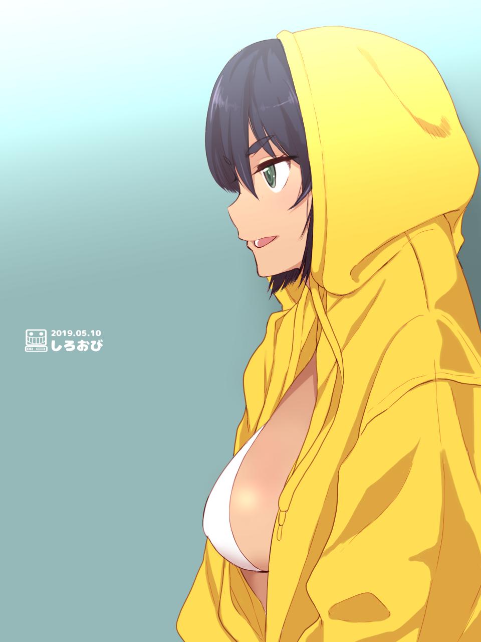 1girl, artist_logo, artist_name, bikini, breasts, brown_hair, commentary, dark-skinned_female