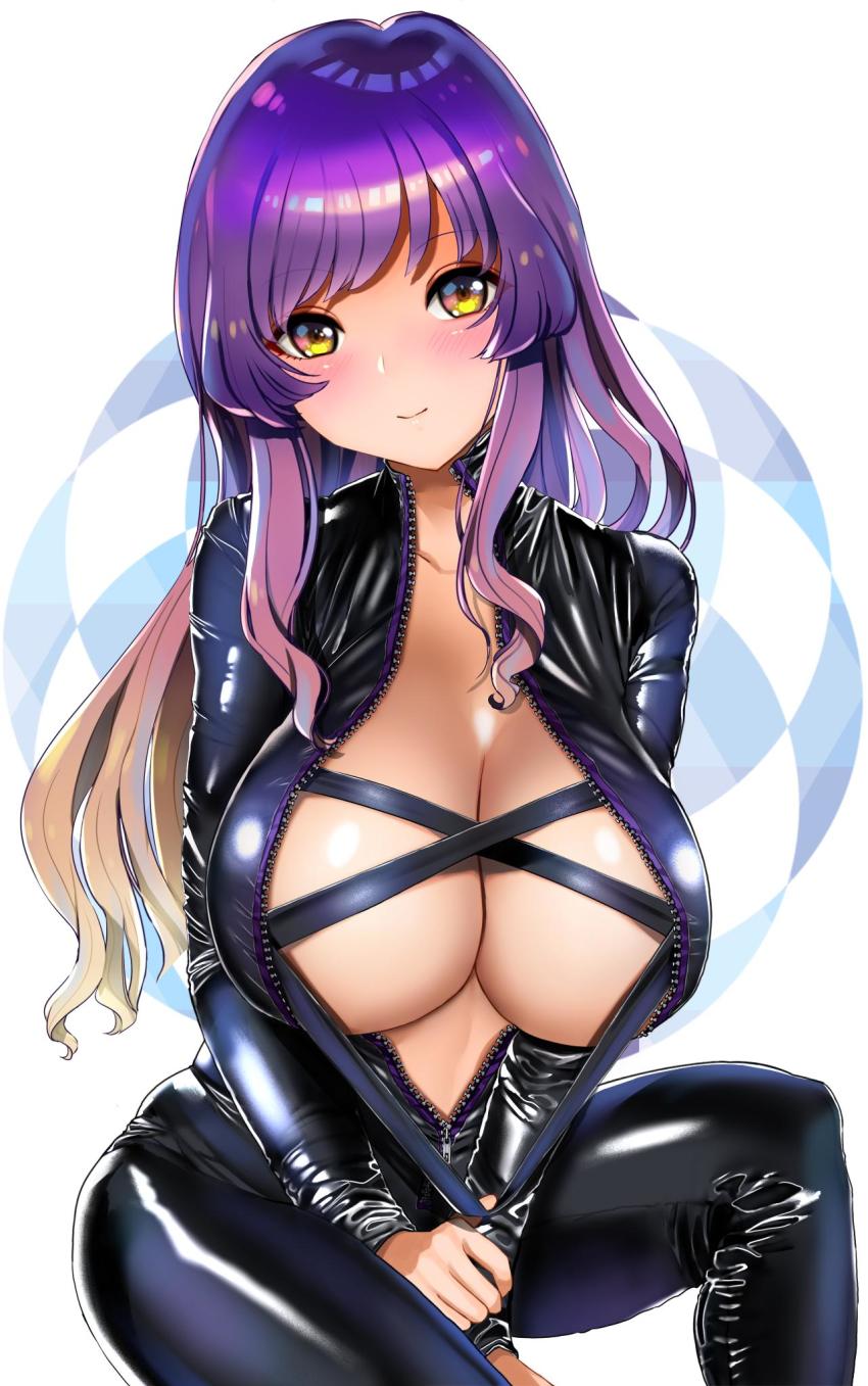 1girl, blonde_hair, blush, bodysuit, breasts, cleavage, female_focus, gradient_eyes