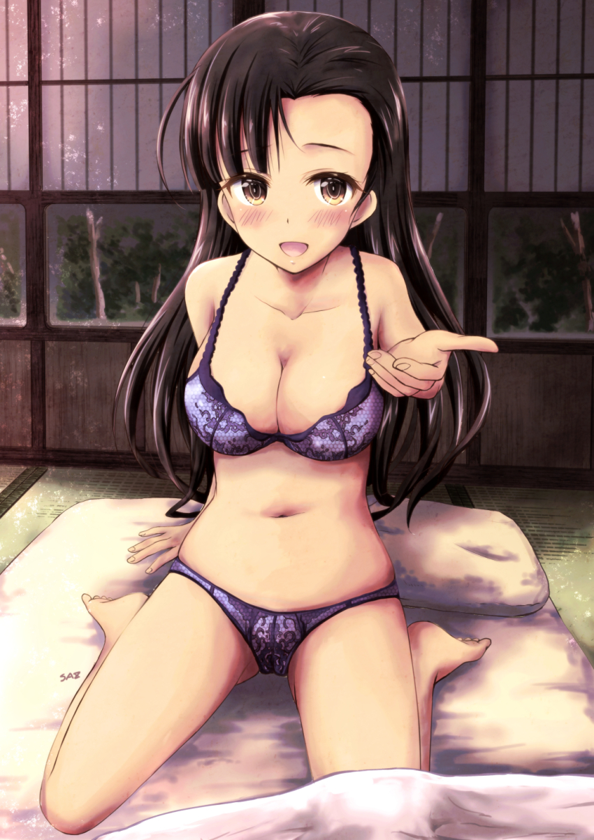 1girl, arm_support, artist_name, asymmetrical_bangs, barefoot, blush, bra, breasts