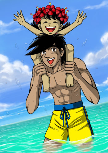 1boy, 1girl, age_difference, ashita_no_joe, awoikei, carrying, child, lowres