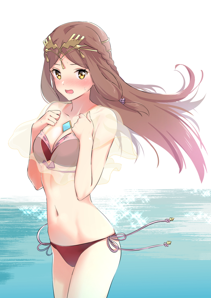 1girl, beach, bikini, blush, braid, breasts, circlet, cleavage