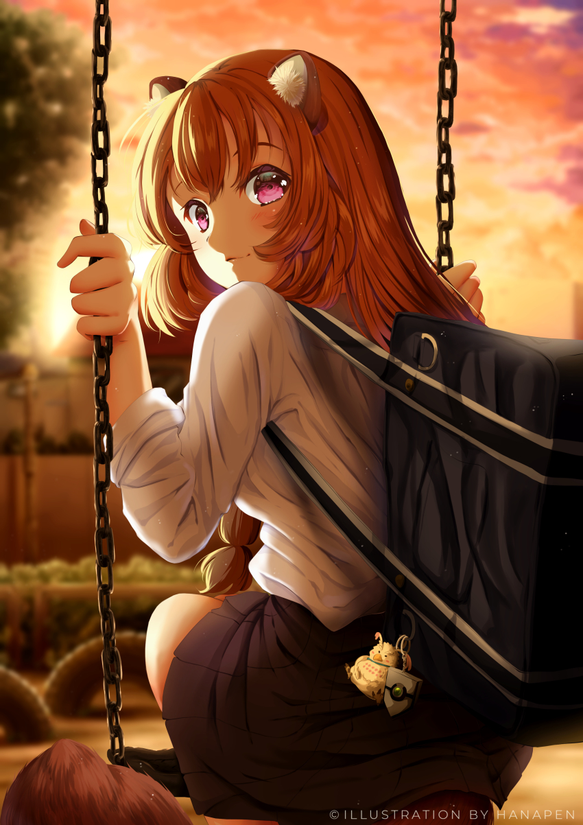 1girl, absurdres, alternate_costume, animal_ears, bag, blush, brown_hair, chain
