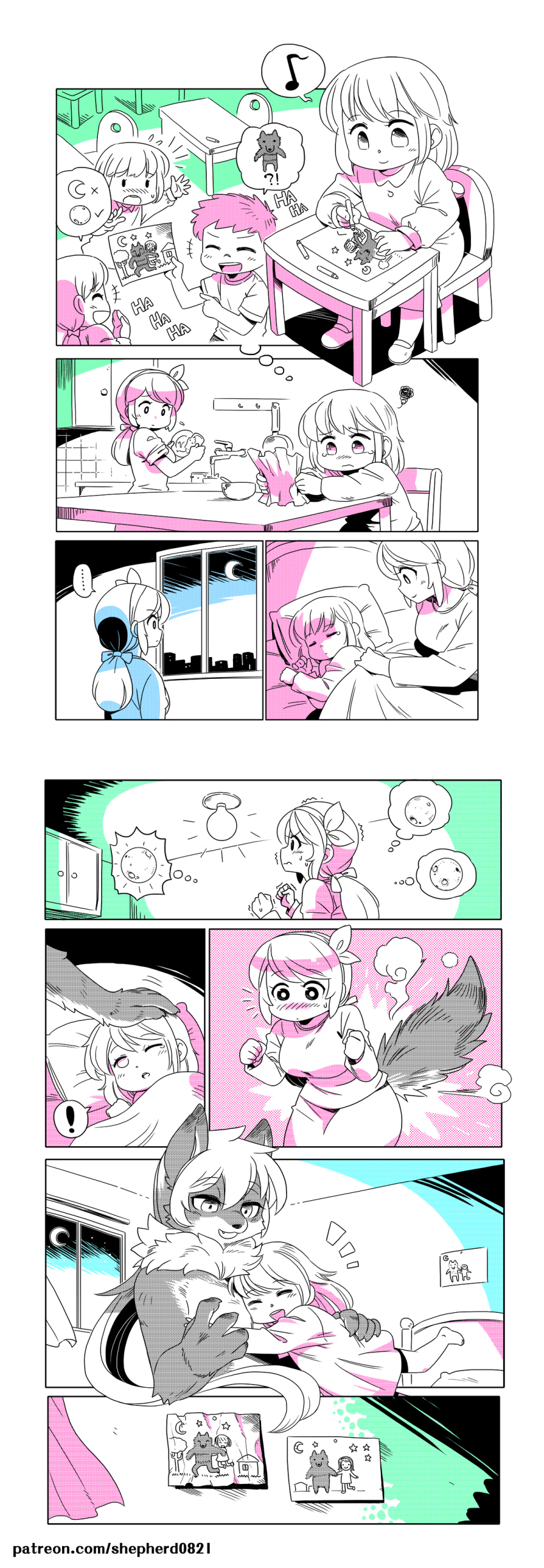 !, !?, ..., 1boy, 3girls, absurdres, animal_ears, barefoot