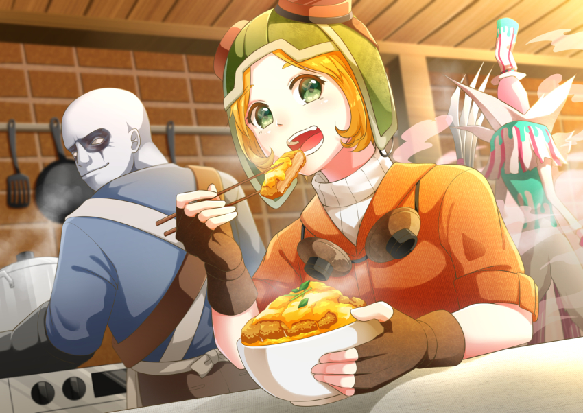 1girl, 2boys, apron, bald, bowl, brown_gloves, claw_(weapon), cooking