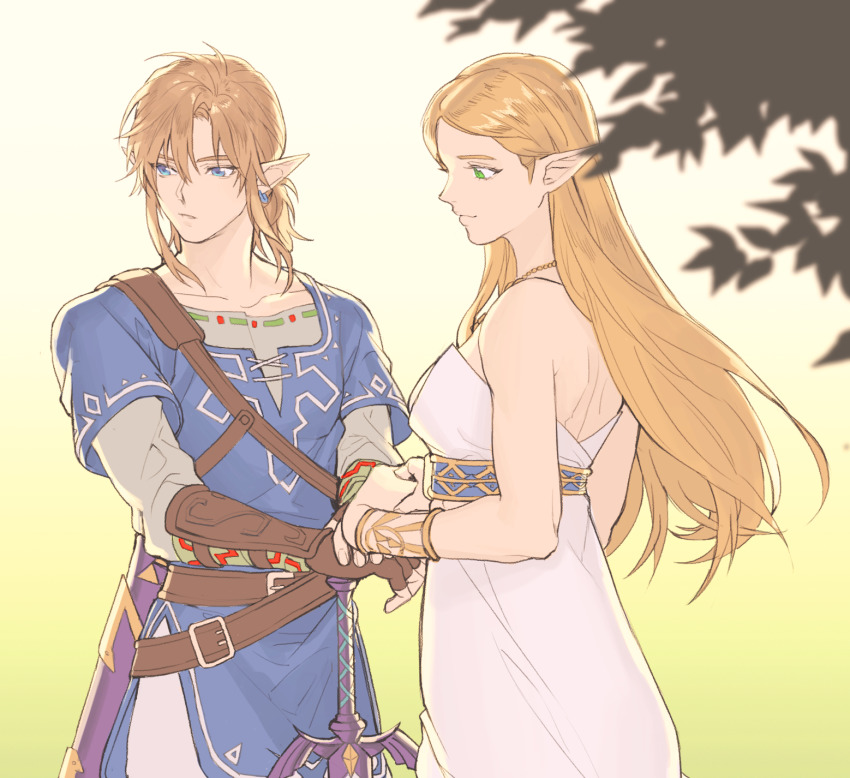 1boy, 1girl, bad_id, bad_pixiv_id, bare_shoulders, belt, belt_buckle, blonde_hair, blue_eyes, blue_shirt, blue_tunic, breasts, buckle, closed_mouth, collarbone, couple, dress, eyes_visible_through_hair, fingerless_gloves, from_side, gloves, green_eyes, hetero, highres, holding, holding_hands, holding_sword, holding_weapon, jewelry, kiru_(sorr5042), light_brown_hair, link, long_dress, long_hair, long_sleeves, looking_at_another, looking_away, looking_down, master_sword, neck, necklace, nintendo, parted_bangs, pointy_ears, princess_zelda, shirt, simple_background, standing, strapless, strapless_dress, sword, the_legend_of_zelda, the_legend_of_zelda:_breath_of_the_wild, tunic, upper_body, weapon, white_background, white_dress