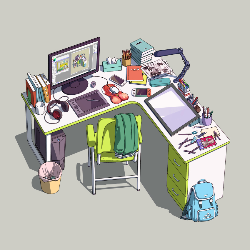 backpack, bad_id, bad_pixiv_id, bag, beige_background, book, bookend, box